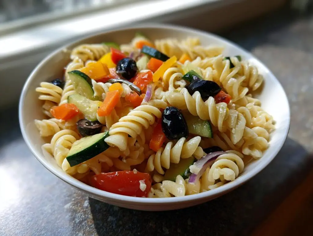 Close-up of a bowl of pasta salad no cheese with vegetables and olives.