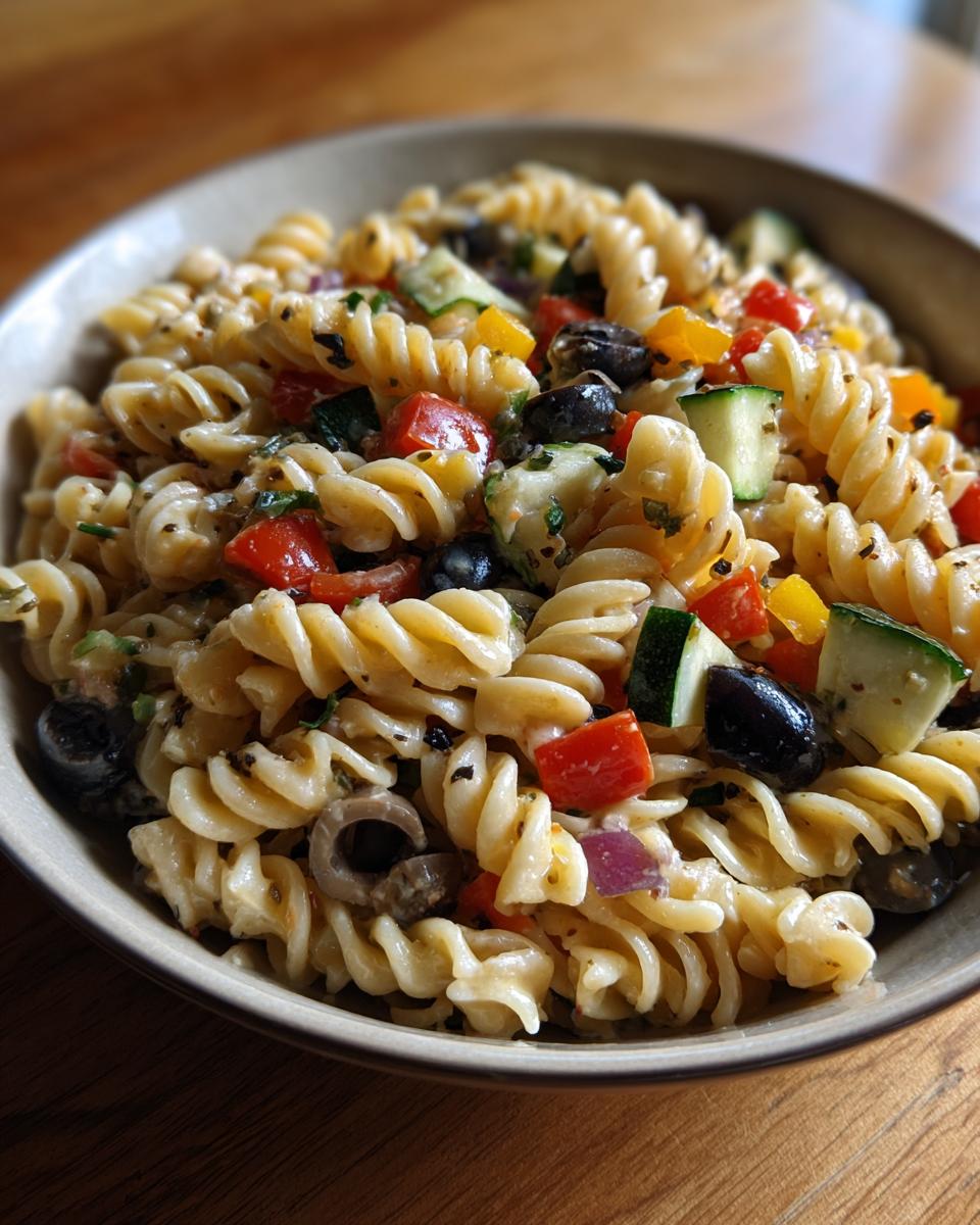 Amazing Pasta Salad No Cheese: 1 Delicious Recipe 10 Close-up of a pasta salad no cheese with fusilli pasta, vegetables, and olives in a bowl.