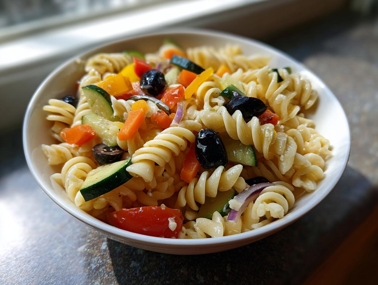 Amazing Pasta Salad No Cheese: 1 Delicious Recipe 6 Close-up of a bowl of pasta salad no cheese with vegetables and olives.
