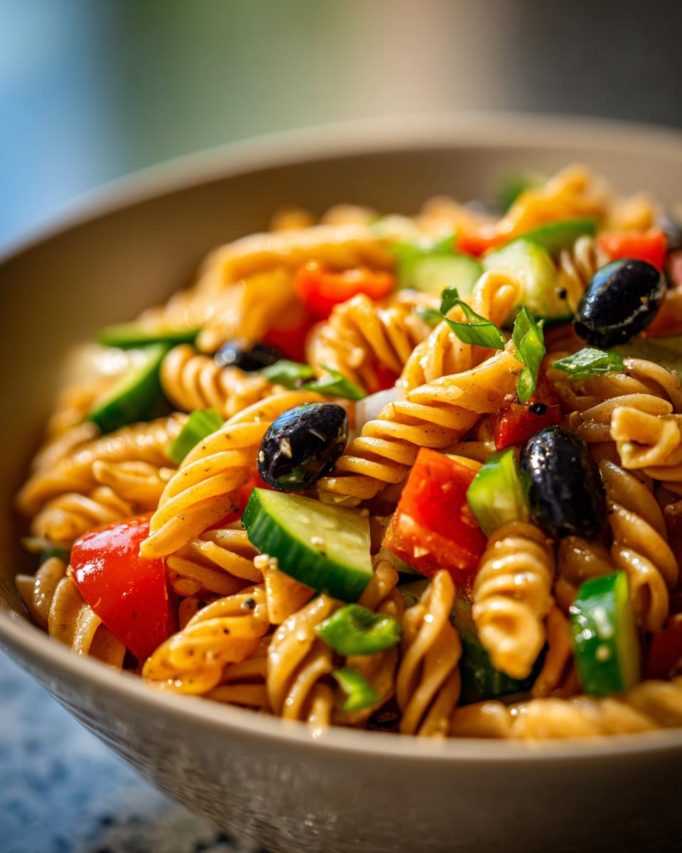 Amazing Pasta Salad No Cheese: 1 Delicious Recipe 7 Close-up of a bowl of pasta salad no cheese with tomatoes, cucumbers, and olives.