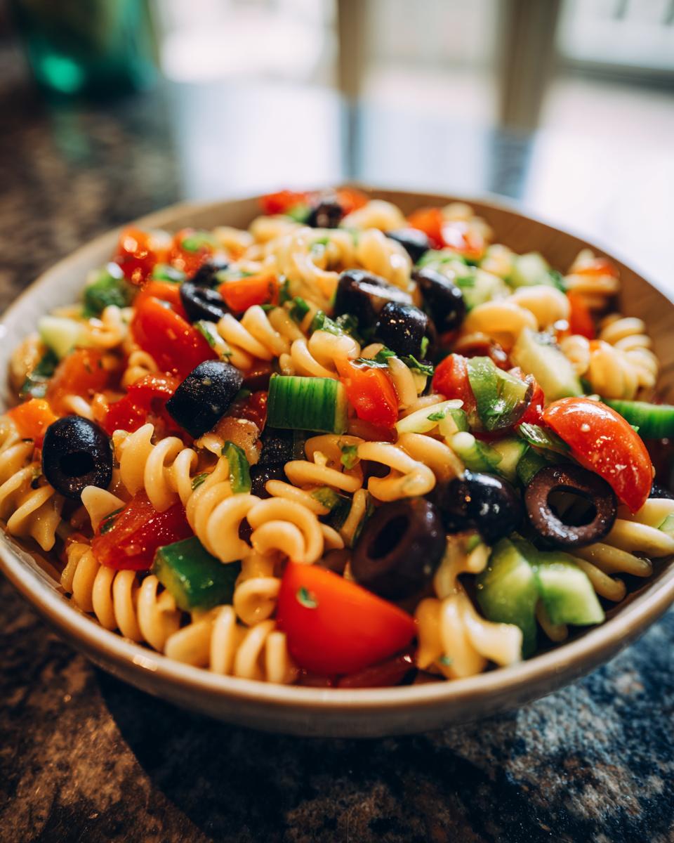 Amazing Pasta Salad No Cheese: 1 Delicious Recipe 8 Close-up of a vibrant pasta salad no cheese with olives, tomatoes, and cucumbers in a bowl.