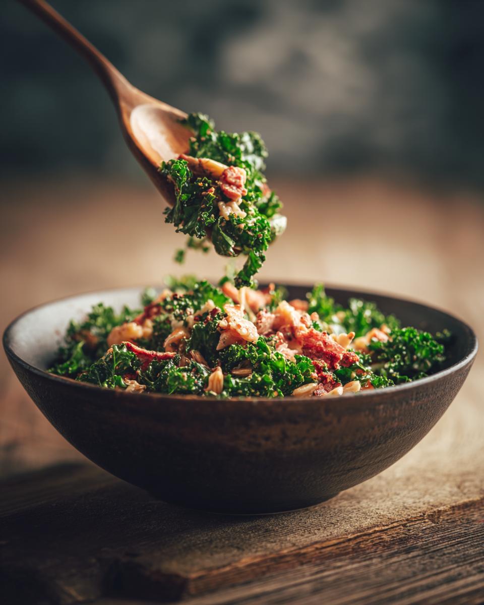 Pasta salad no mayo with kale and other ingredients, being served from a wooden spoon.