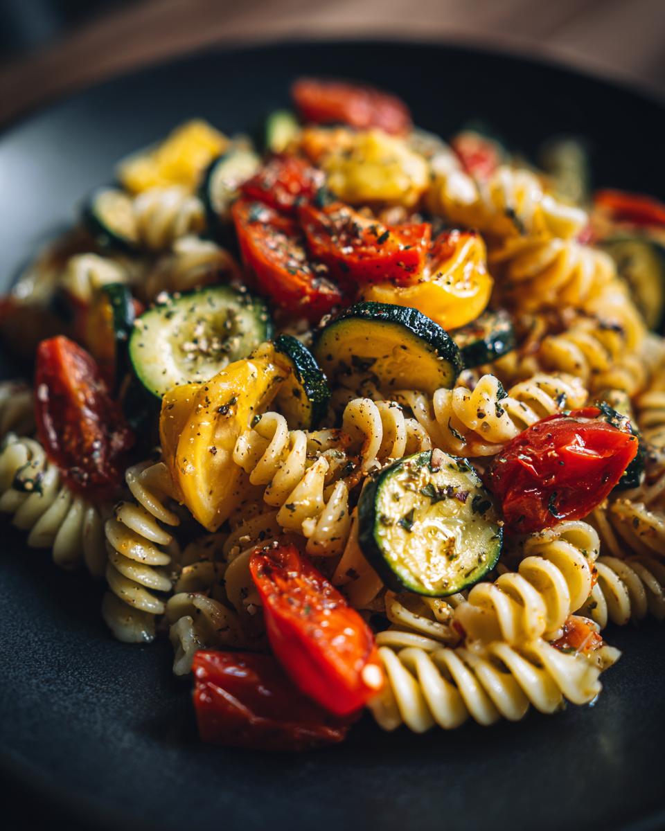 Close-up of pasta salad no mayo with tomatoes, zucchini, and herbs on a black plate.