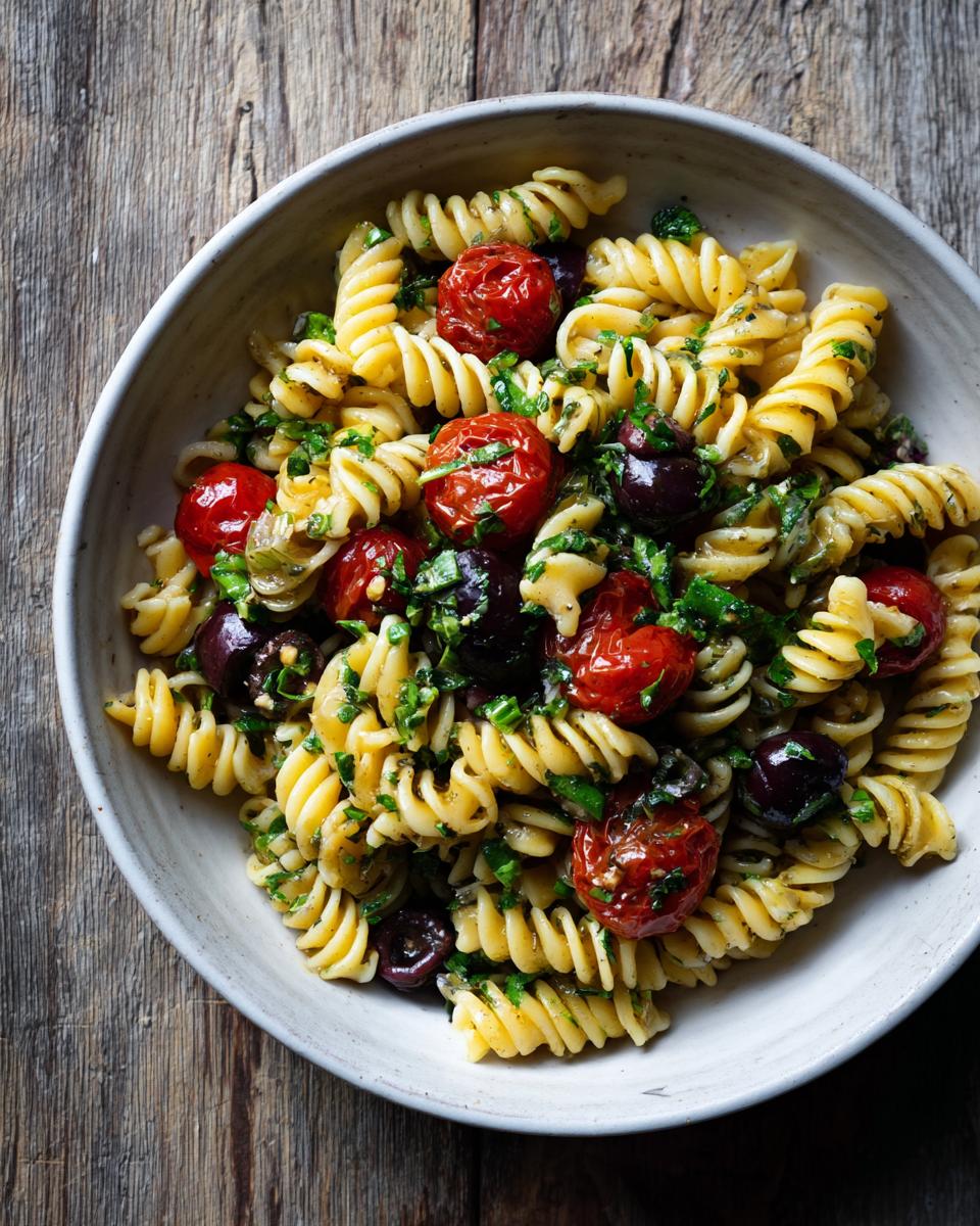 Pasta salad no mayo with fusilli pasta, roasted tomatoes, black olives, and herbs in a bowl.