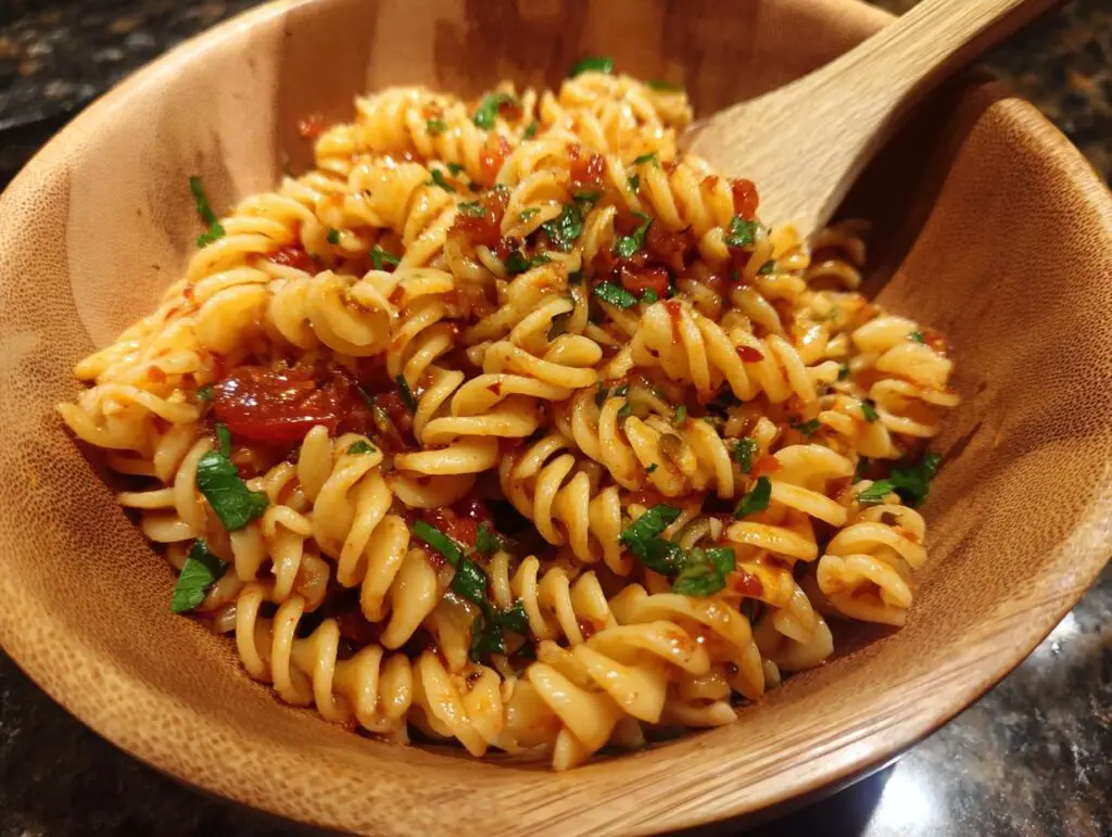 Close-up of pasta salad no mayo with fusilli pasta, tomatoes, and herbs in a wooden bowl.