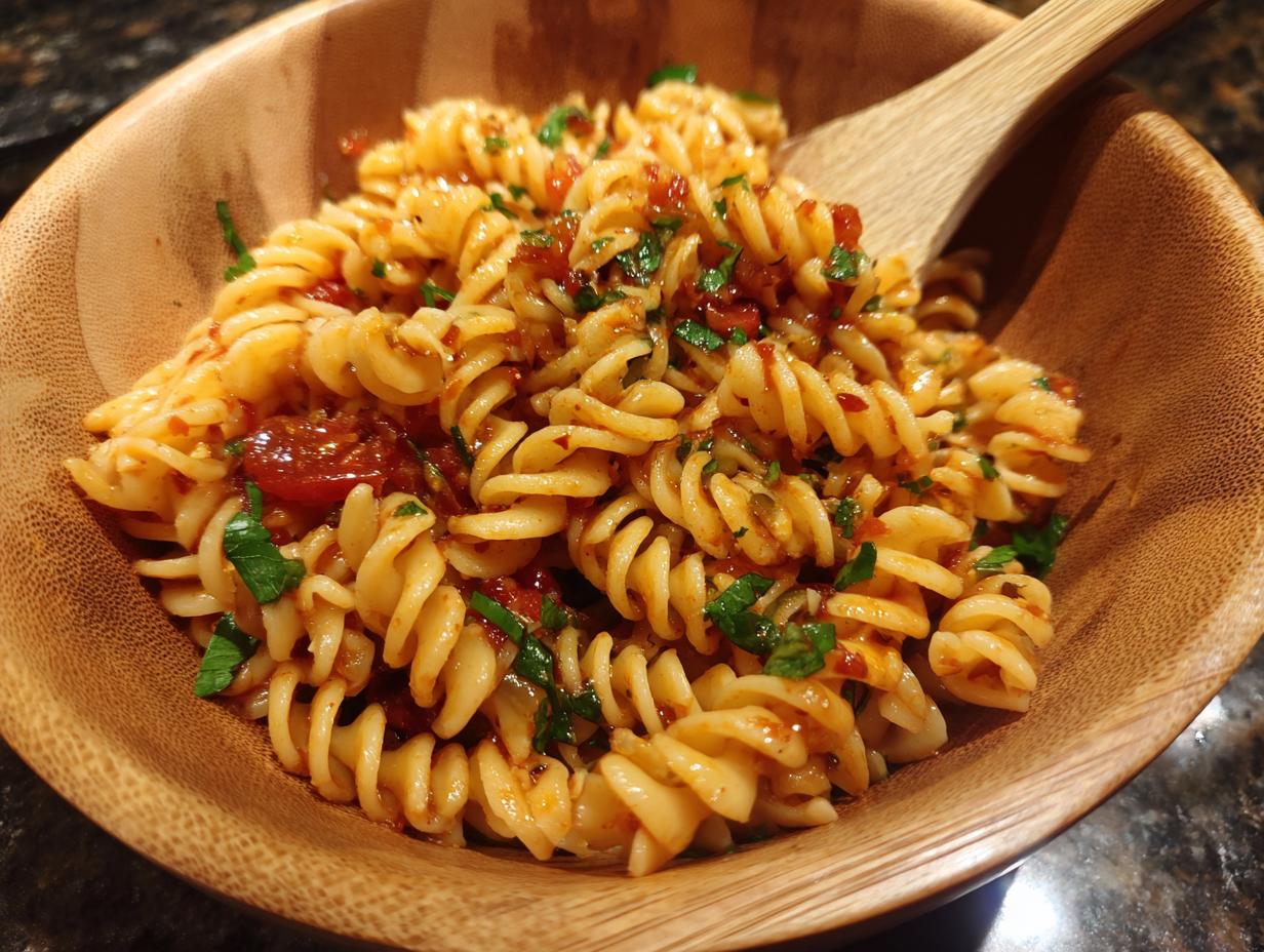 Close-up of pasta salad no mayo with fusilli pasta, tomatoes, and herbs in a wooden bowl.