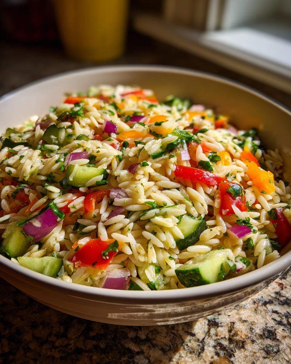 Amazing pasta salad orzo: 30-min delight 7 A bowl of fresh pasta salad orzo with cucumbers, bell peppers, and red onion.
