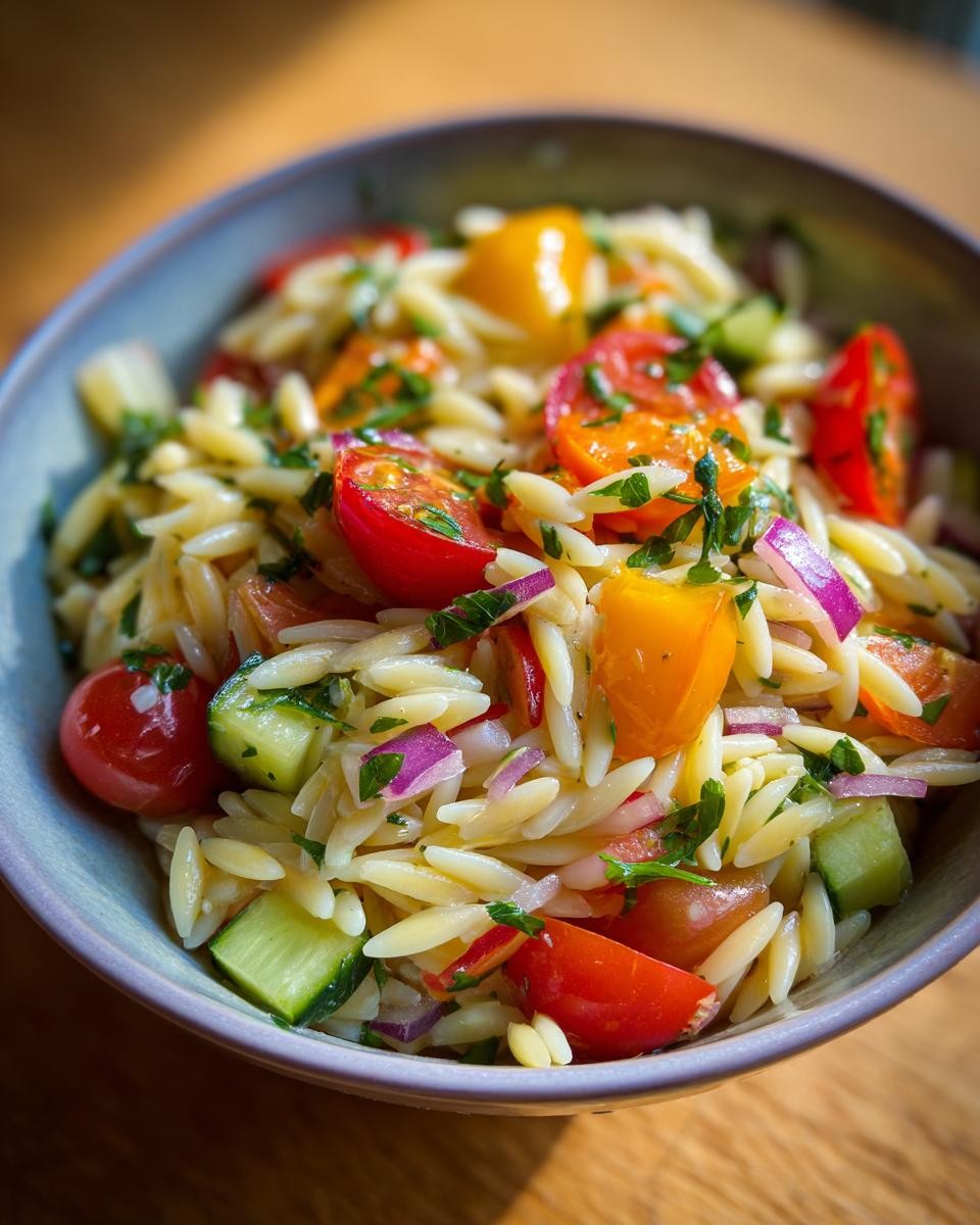 Amazing pasta salad orzo: 25 min summer favorite 7 Close-up of a bowl of pasta salad orzo with cherry tomatoes, cucumbers, and red onion.