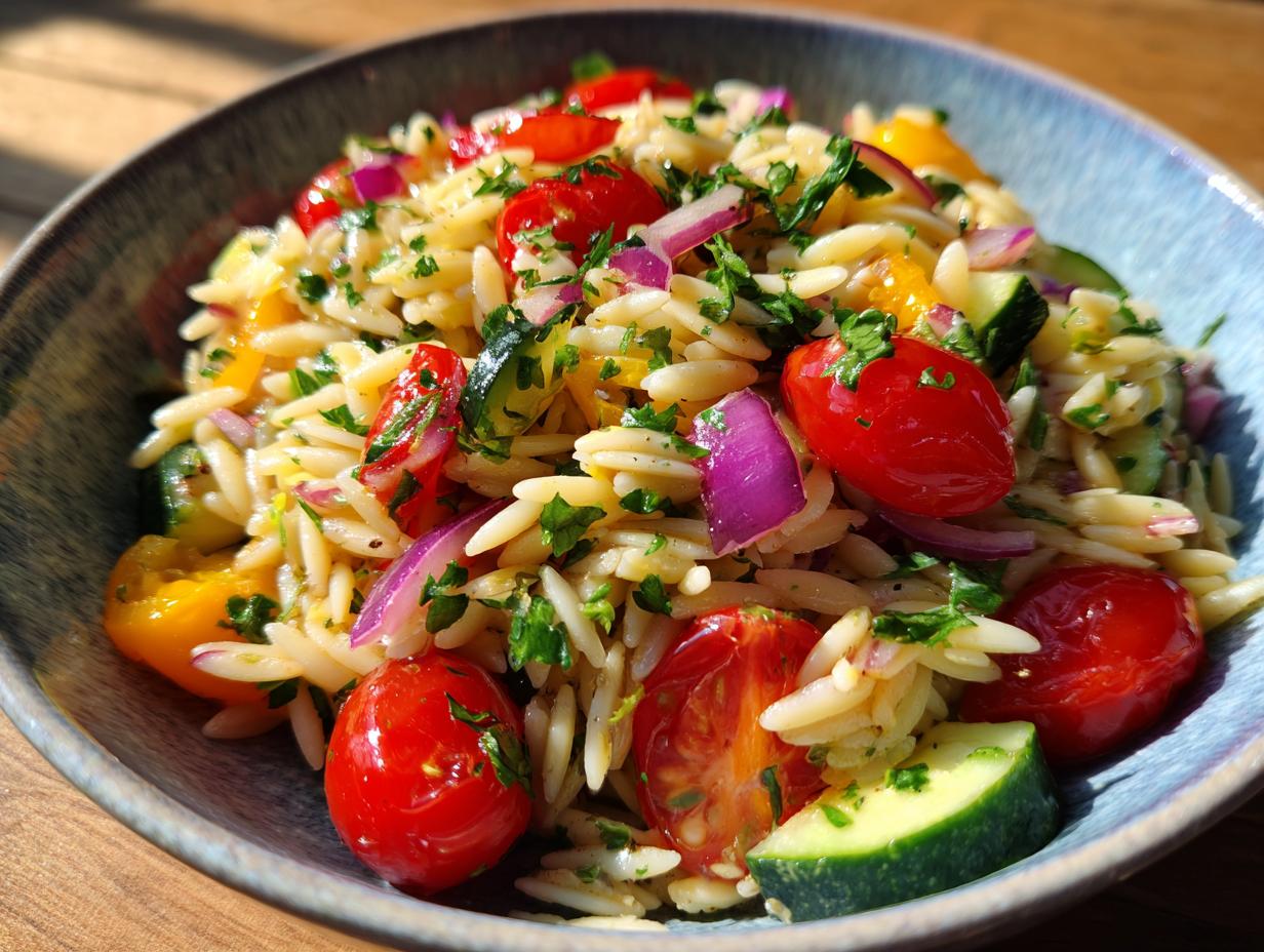 Amazing pasta salad orzo: 25 min summer favorite 6 A vibrant pasta salad orzo with cherry tomatoes, red onion, cucumber, and herbs in a bowl.