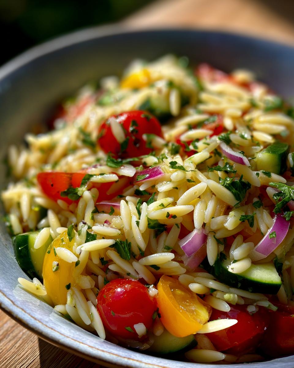 Amazing pasta salad orzo: 25 min summer favorite 10 Close-up of a bowl of pasta salad orzo with cherry tomatoes, cucumber, and red onion.