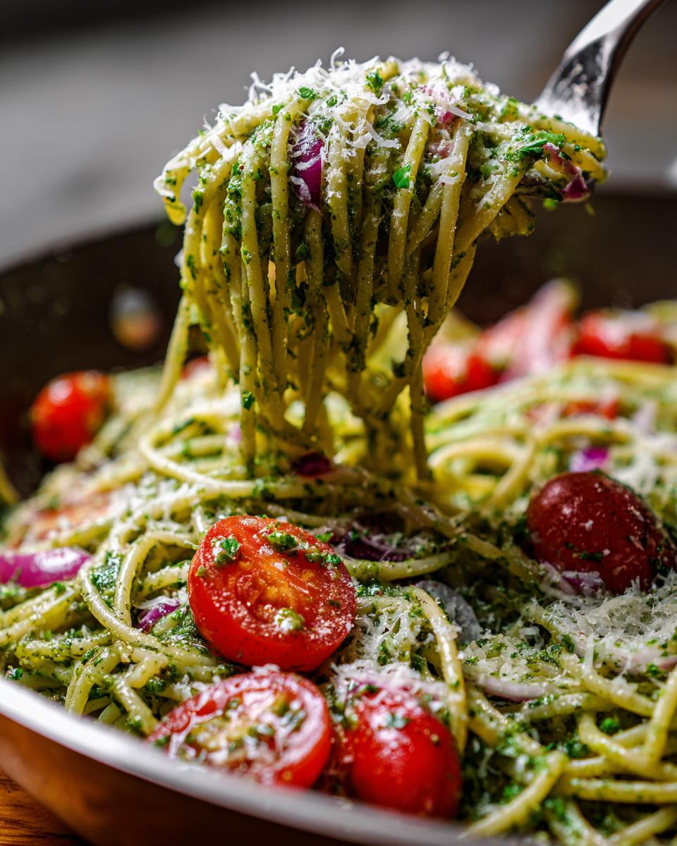 Amazing Pasta Salad Pesto: 30 Min Deliciousness 9 Close-up of pasta salad pesto with cherry tomatoes and parmesan cheese.