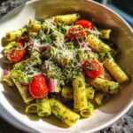 Amazing Pasta Salad Pesto: 30 Min Deliciousness 11 Delicious pasta salad pesto with cherry tomatoes, red onion, and parmesan cheese.