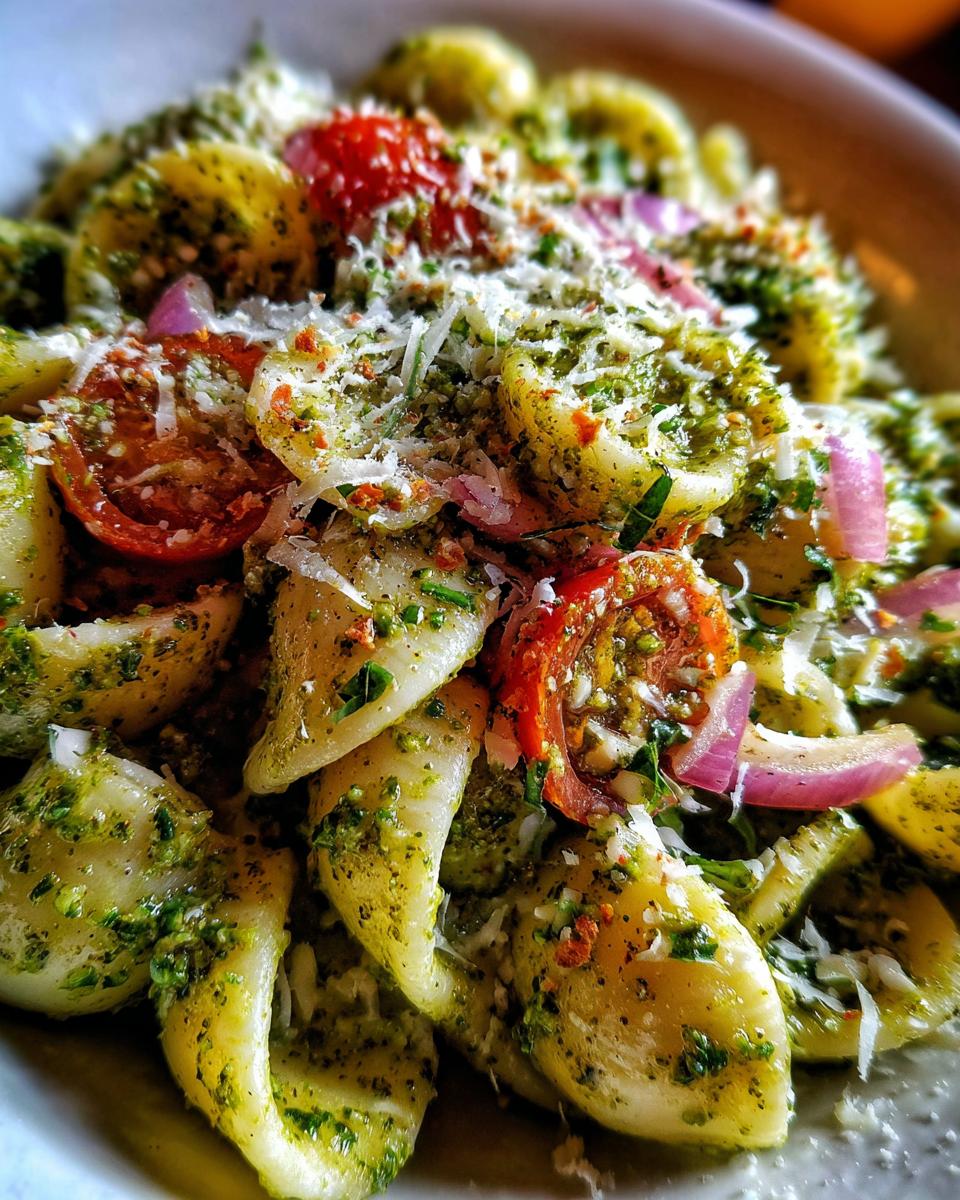 Amazing Pasta Salad Pesto: 30 Min Deliciousness 8 Close-up of pasta salad pesto with tomatoes, red onion, and parmesan cheese.