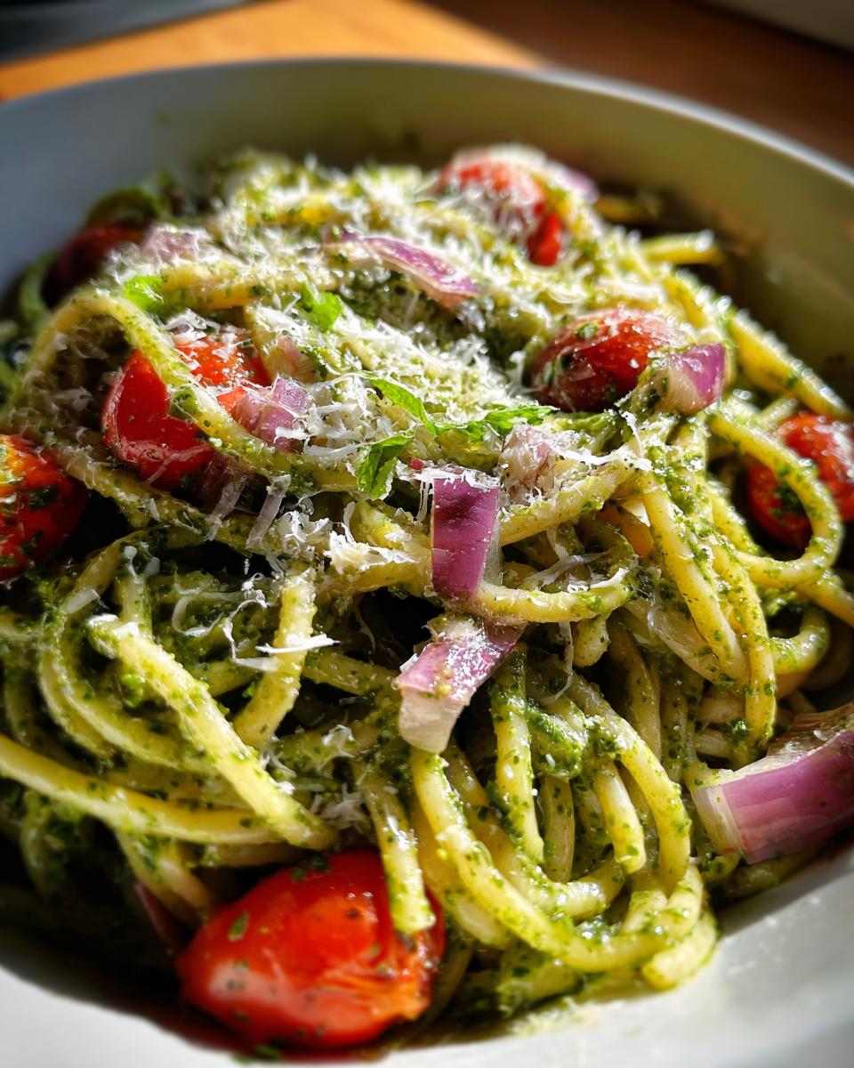 Amazing Pasta Salad Pesto: 30 Min Deliciousness 10 Close-up of pasta salad pesto with cherry tomatoes, red onion, and parmesan cheese.