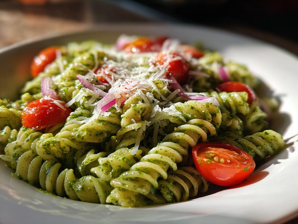 Amazing Pasta Salad Pesto: 30 Min Deliciousness 6 Close-up of pasta salad pesto with cherry tomatoes, red onion, and parmesan cheese. The pasta salad pesto is in a white bowl.