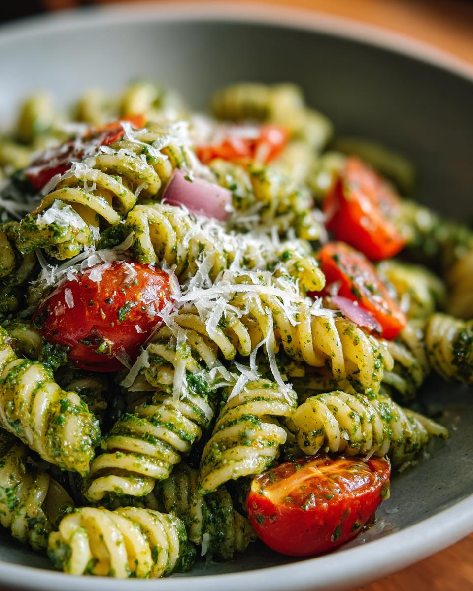 Amazing Pasta Salad Pesto: 30 Min Deliciousness 7 Close-up of pasta salad pesto with tomatoes, red onion, and parmesan cheese.