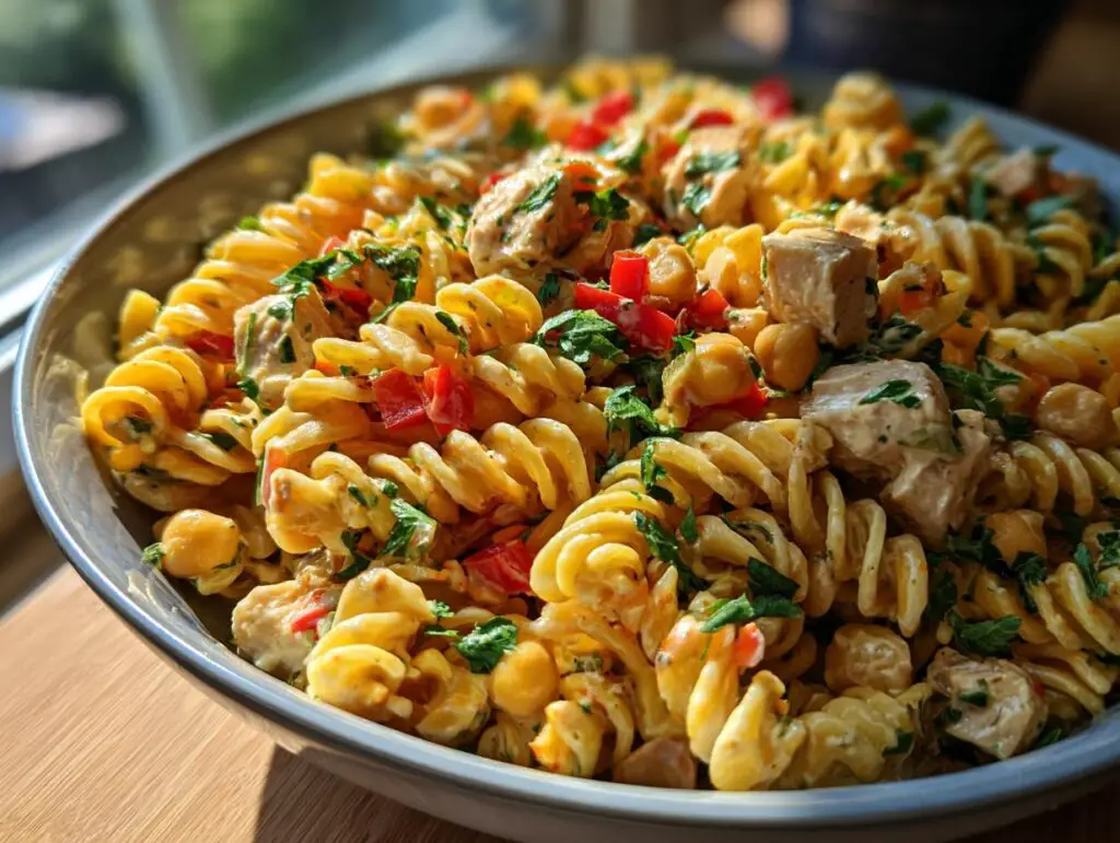 Close-up of a pasta salad protein bowl with rotini pasta, chickpeas, and chicken.