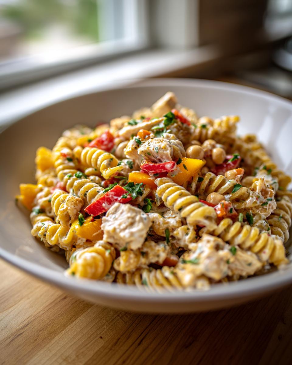 Close-up of a pasta salad protein bowl with rotini pasta, chicken, peppers, and chickpeas. This is a delicious pasta salad protein.