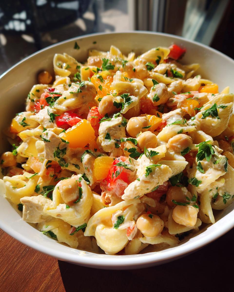Close-up of a pasta salad protein bowl with chickpeas, tomatoes, and herbs. This is a pasta salad protein recipe.