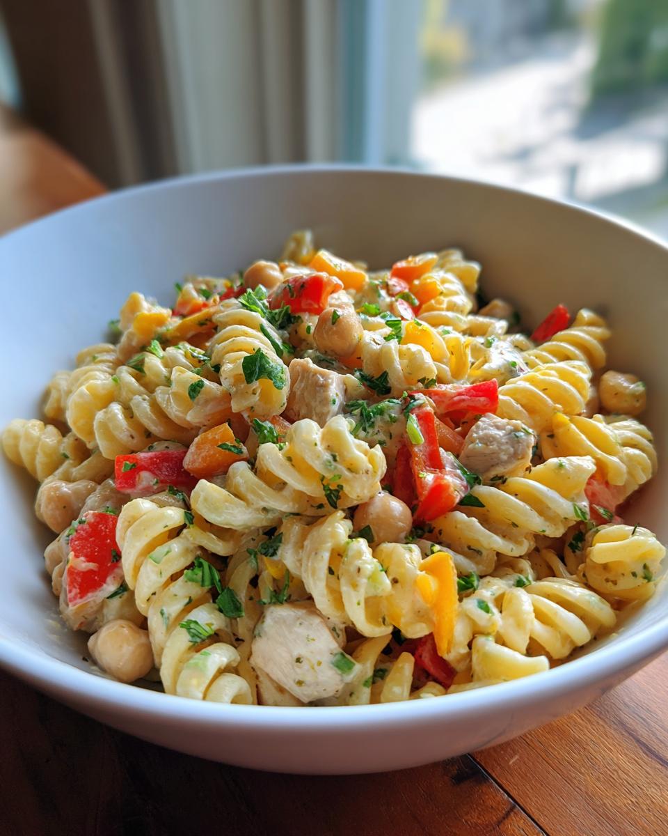 A bowl of creamy pasta salad protein with rotini pasta, chickpeas, peppers, and chicken.