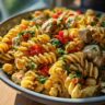 Close-up of a pasta salad protein bowl with rotini pasta, chickpeas, and chicken.