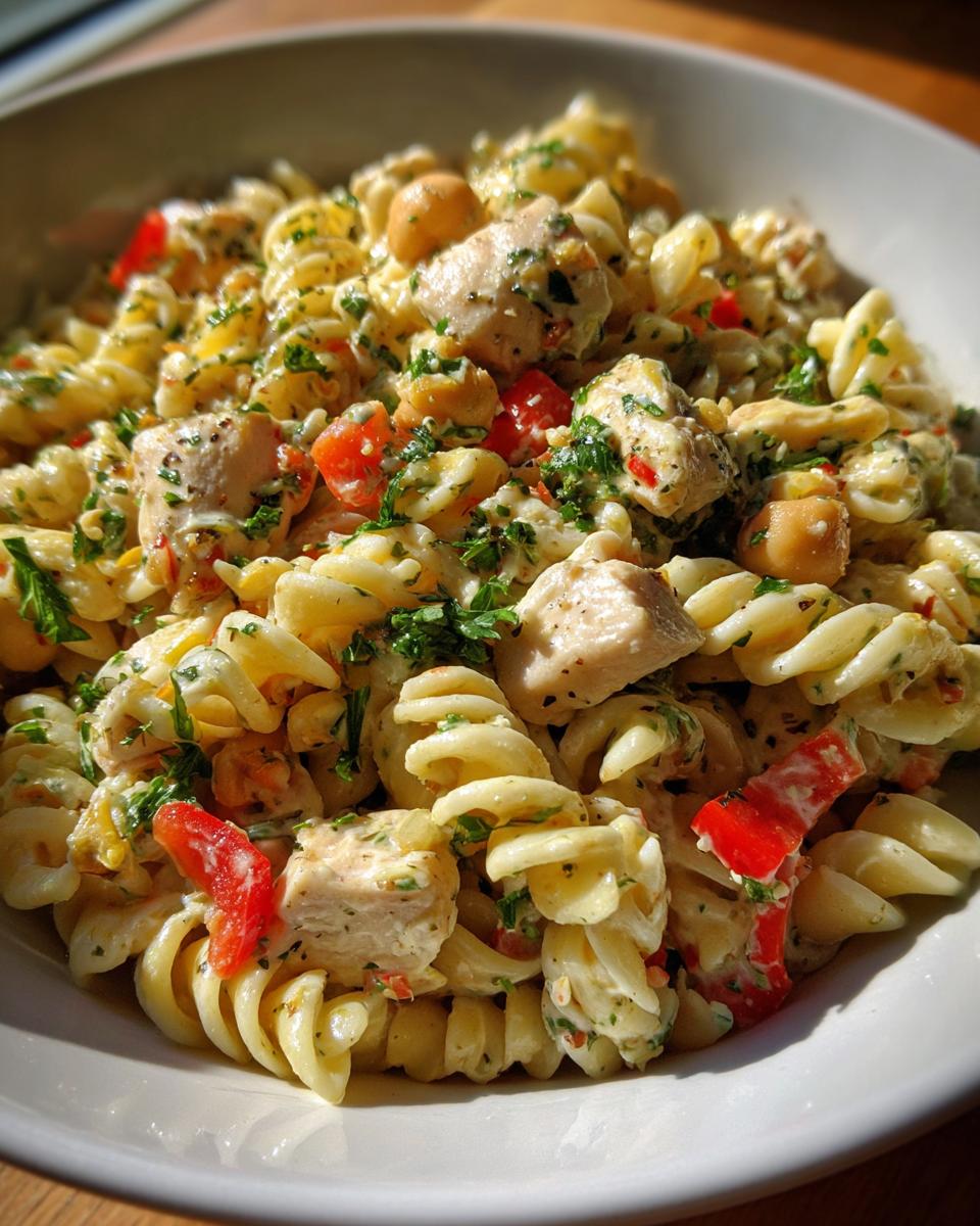 Close-up of pasta salad protein with chicken, red peppers, and herbs.