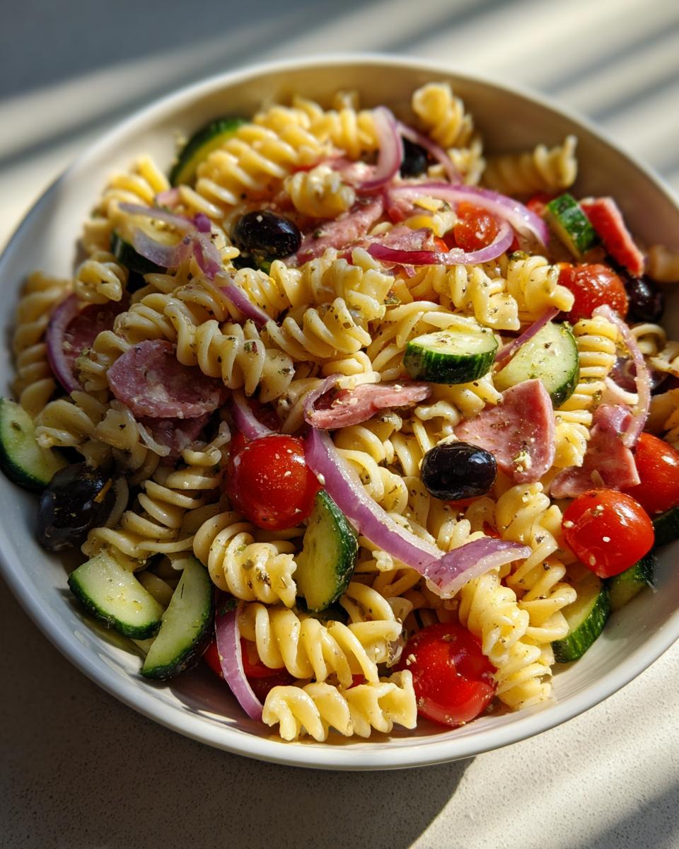 Close-up of a bowl of pasta salad recipes italian easy with tomatoes, cucumbers, olives, and salami.