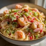 Close-up of a bowl filled with pasta salad shrimp, with shrimp, vegetables, and creamy dressing.