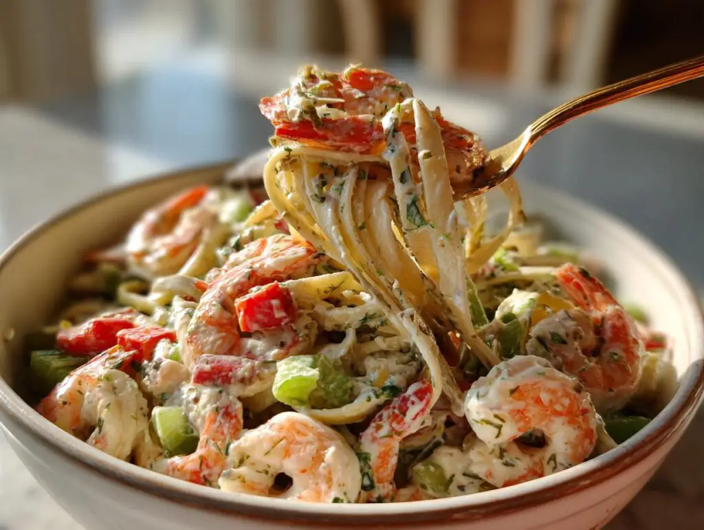 Close-up of a bowl of pasta salad shrimp with creamy sauce, vegetables, and herbs. The pasta salad shrimp looks delicious.