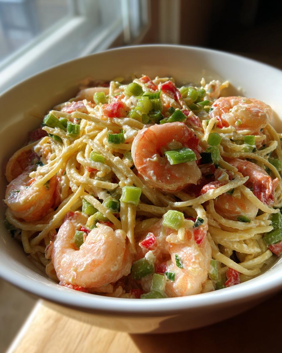 Close-up of pasta salad shrimp in a white bowl, with shrimp, pasta, and vegetables.