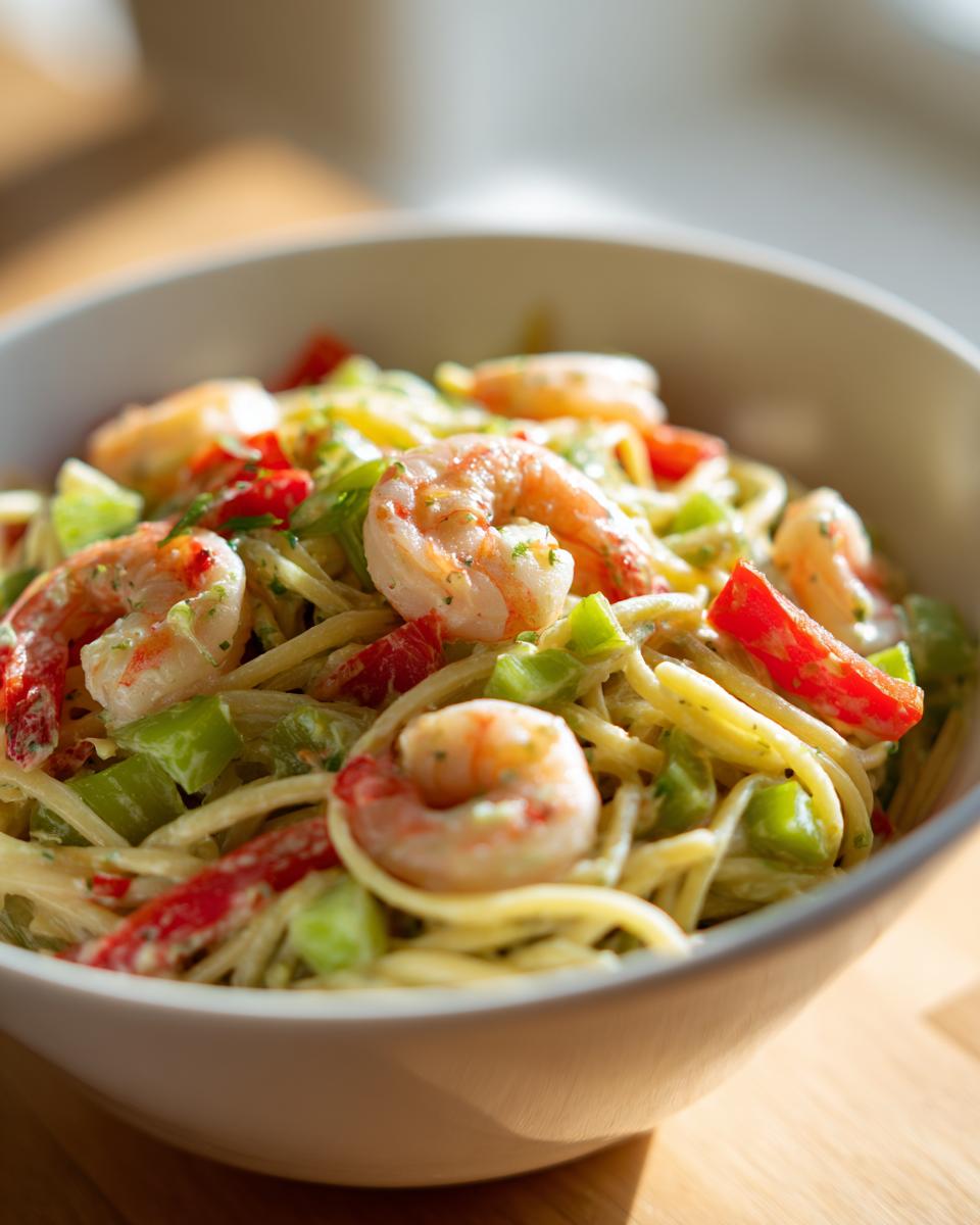 Close-up of pasta salad shrimp in a white bowl, with shrimp, pasta, and vegetables.