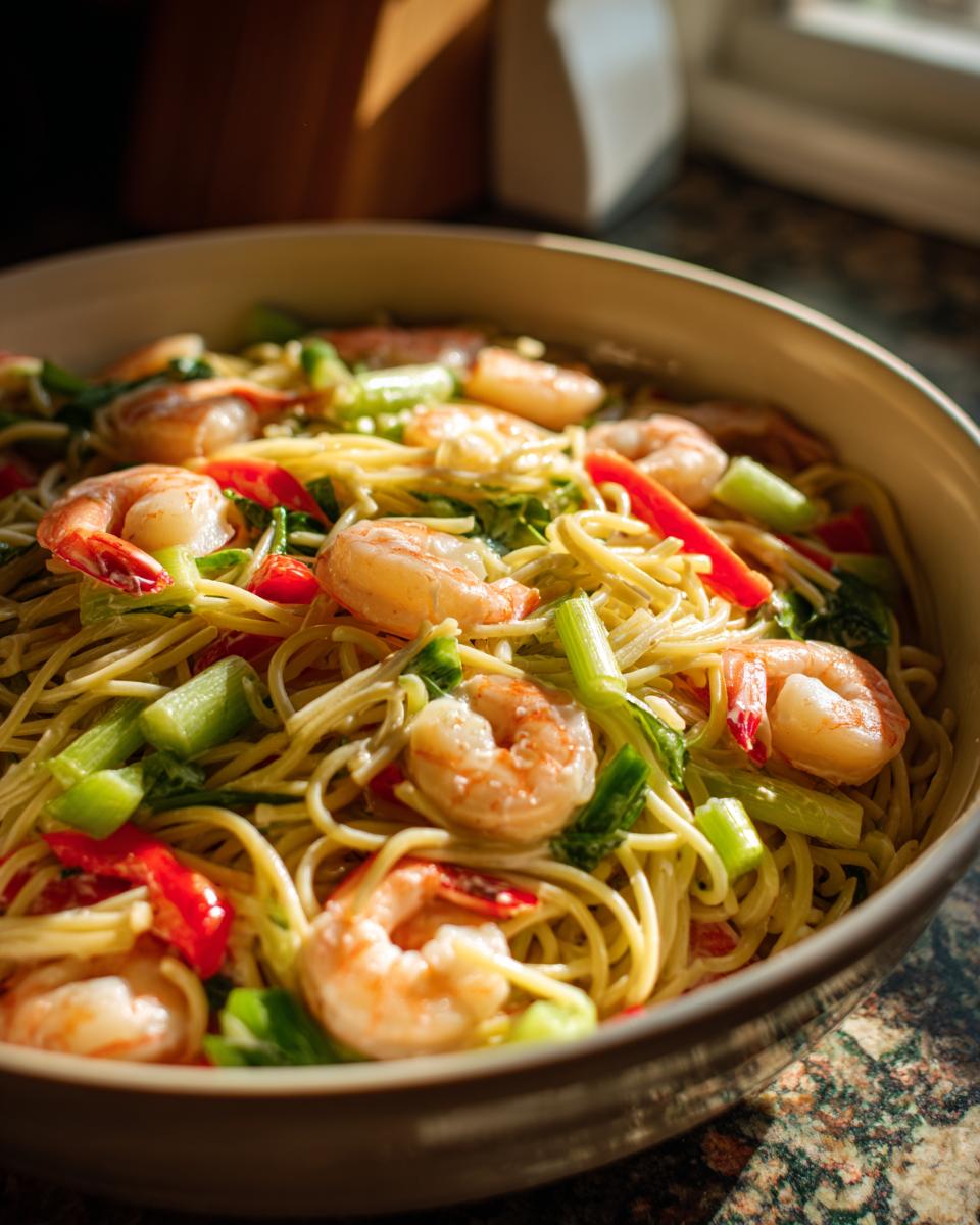 Close-up of a bowl of pasta salad shrimp with vegetables, perfect for a quick meal.