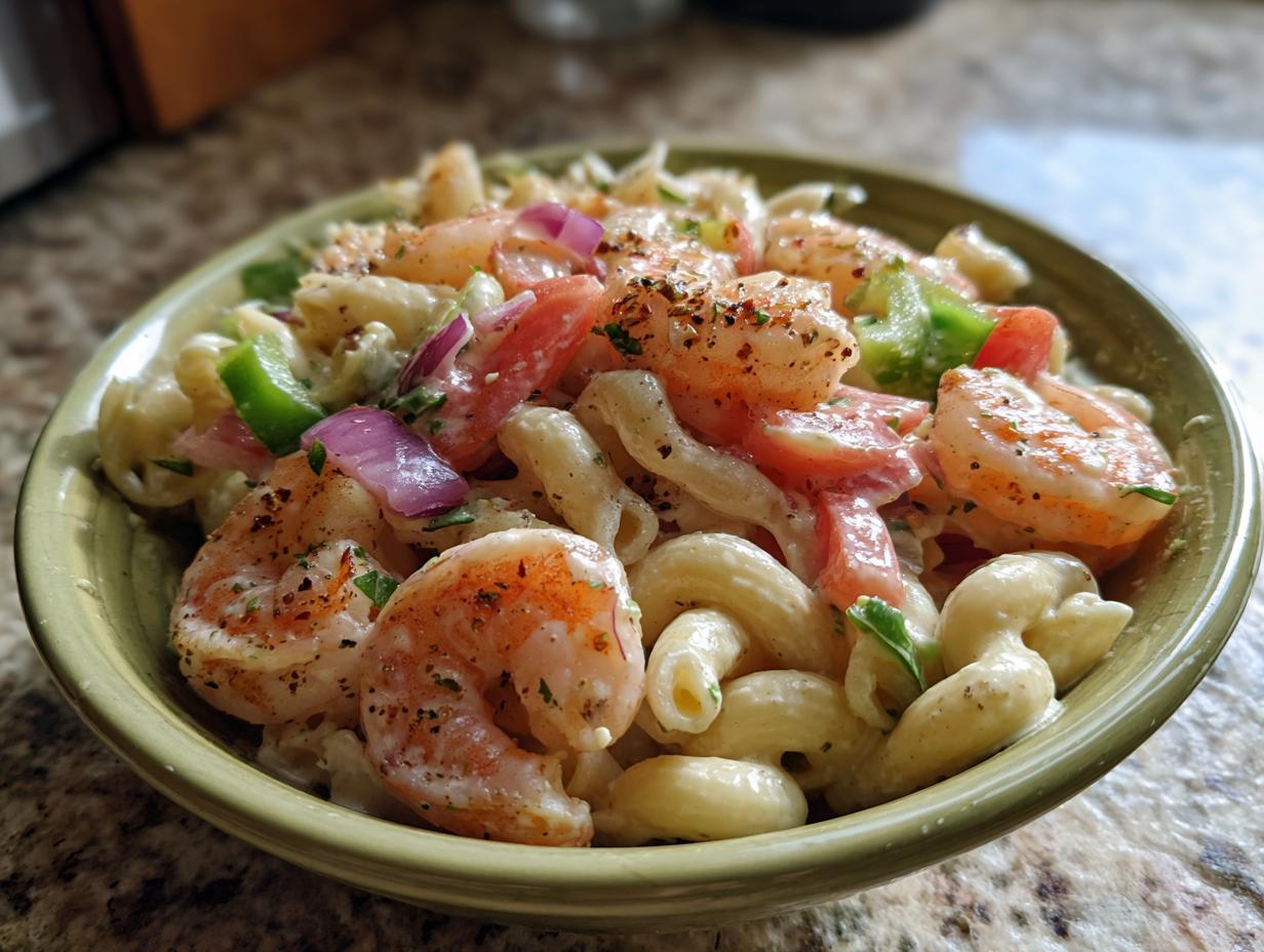Amazing Shrimp Pasta Salad: 1 Hour Chill 6 Close-up of a bowl of pasta salad shrimp with macaroni, shrimp, tomatoes, and vegetables.