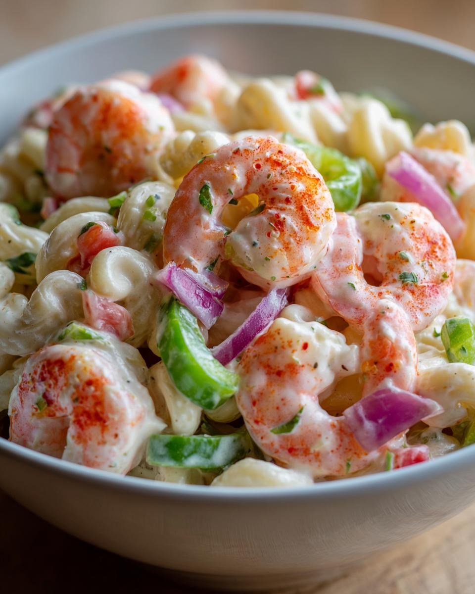 Amazing Shrimp Pasta Salad: 1 Hour Chill 7 Close-up of a bowl of creamy pasta salad shrimp with shrimp, pasta, and vegetables.