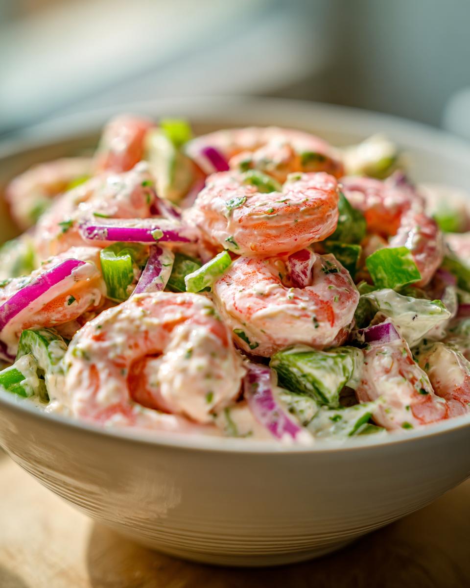 Amazing Shrimp Pasta Salad: 1 Hour Chill 9 Close-up of a bowl filled with delicious pasta salad shrimp, including shrimp, red onion, and green peppers.