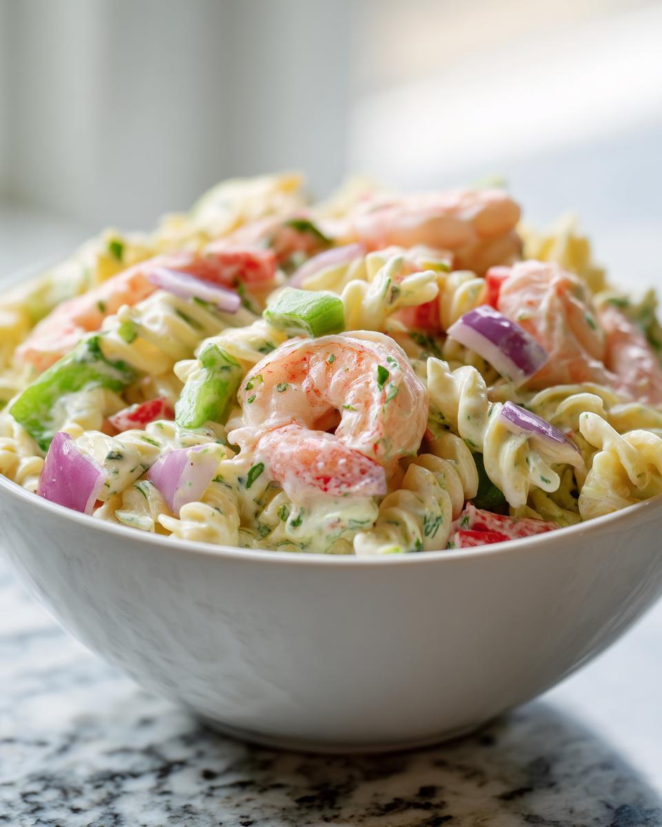 Amazing Shrimp Pasta Salad: 1 Hour Chill 10 Close-up of a bowl filled with delicious pasta salad shrimp, including shrimp, pasta, and vegetables.