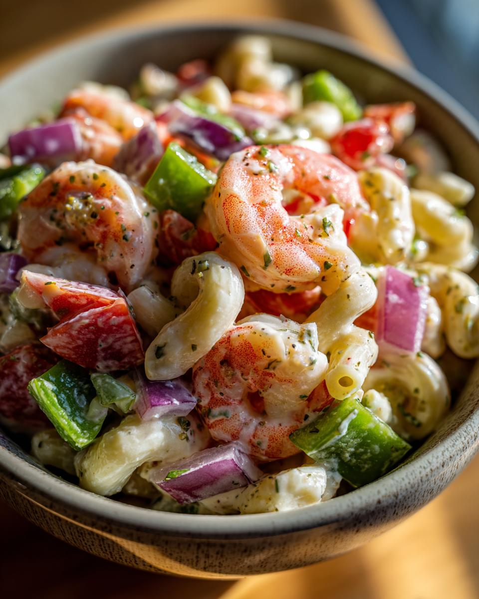 Amazing Shrimp Pasta Salad: 1 Hour Chill 8 Close-up of a bowl filled with pasta salad shrimp, including shrimp, vegetables, and pasta.