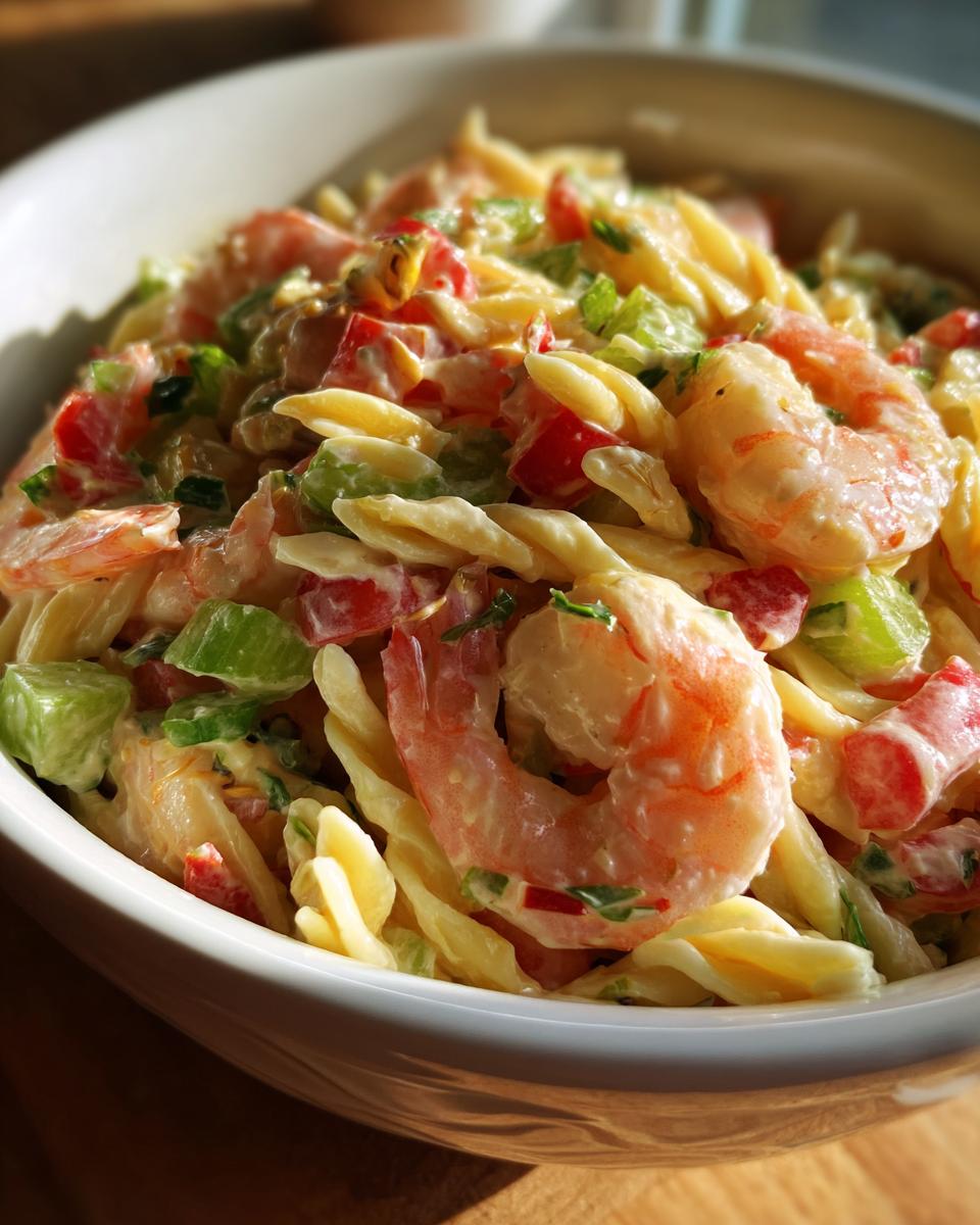 Close-up of pasta salad shrimp in a white bowl, showing pasta, shrimp, and vegetables.