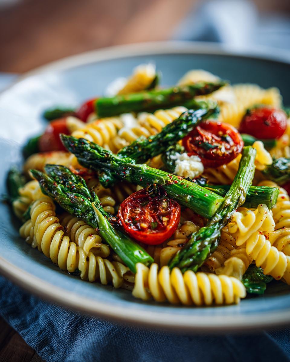Amazing pasta salad spring: 30 minute delight 3 Close-up of a pasta salad spring with fusilli pasta, asparagus, and roasted tomatoes.