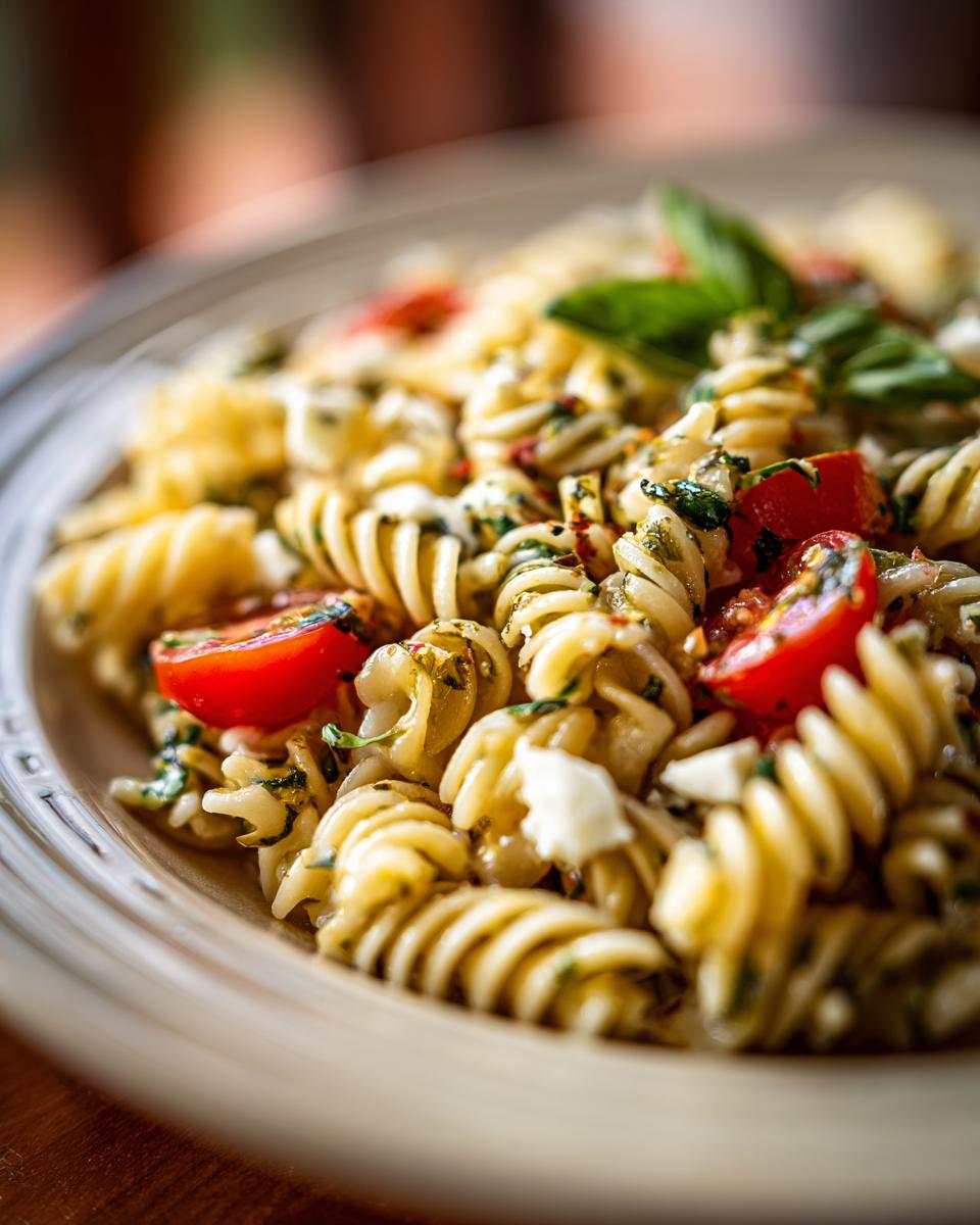 Amazing pasta salad spring: 30 minute delight 2 Close-up of a pasta salad spring with fusilli pasta, cherry tomatoes, basil, and cheese.