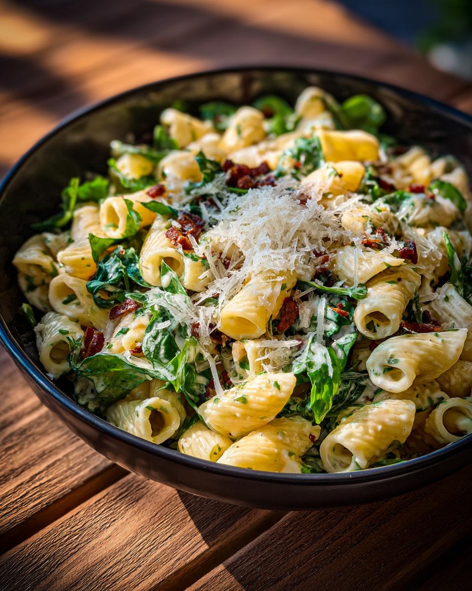 Amazing pasta salad spring: 30 minute delight 4 Close-up of a bowl of pasta salad spring with spinach, cheese, and bacon.