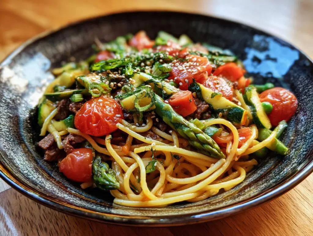 Close-up of a pasta salad spring dish with tomatoes, asparagus, and zucchini.