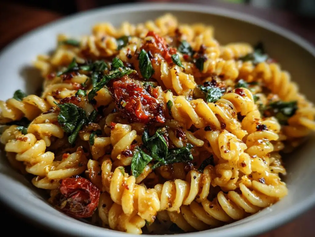Close-up of a bowl of pasta salad with sun-dried tomatoes and herbs. Learn how do you make pasta salad!