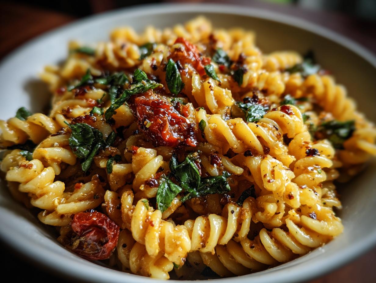 Close-up of a bowl of pasta salad with sun-dried tomatoes and herbs. Learn how do you make pasta salad!