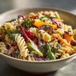 Perfect Pasta Salad That Keeps Well: 4 Day Yum 11 Close-up of a bowl of pasta salad that keeps well, featuring rotini pasta and fresh vegetables.