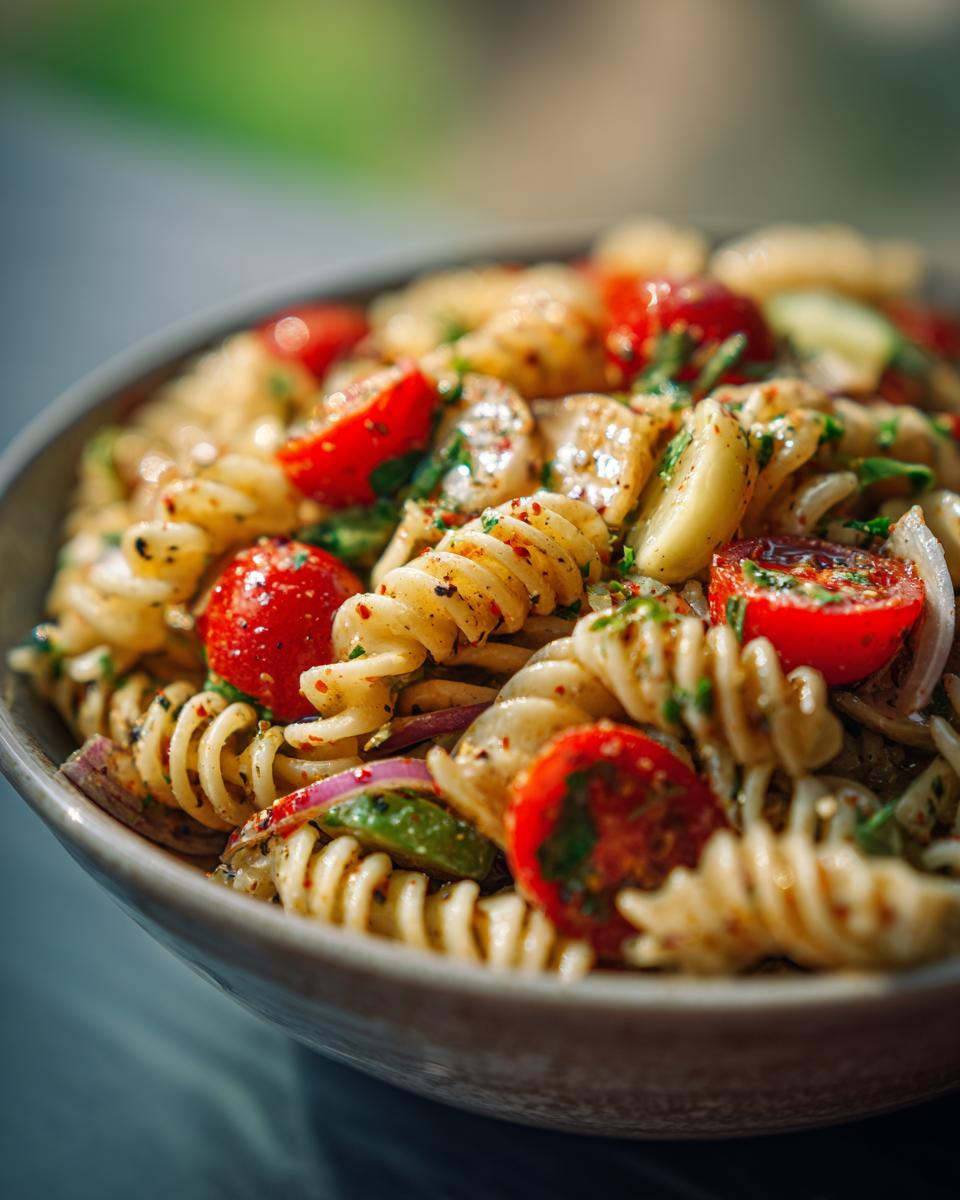 Amazing Pasta Salad That Keeps Well: 100 Calories 3 Close-up of a pasta salad that keeps well, with tomatoes, onions, and herbs.