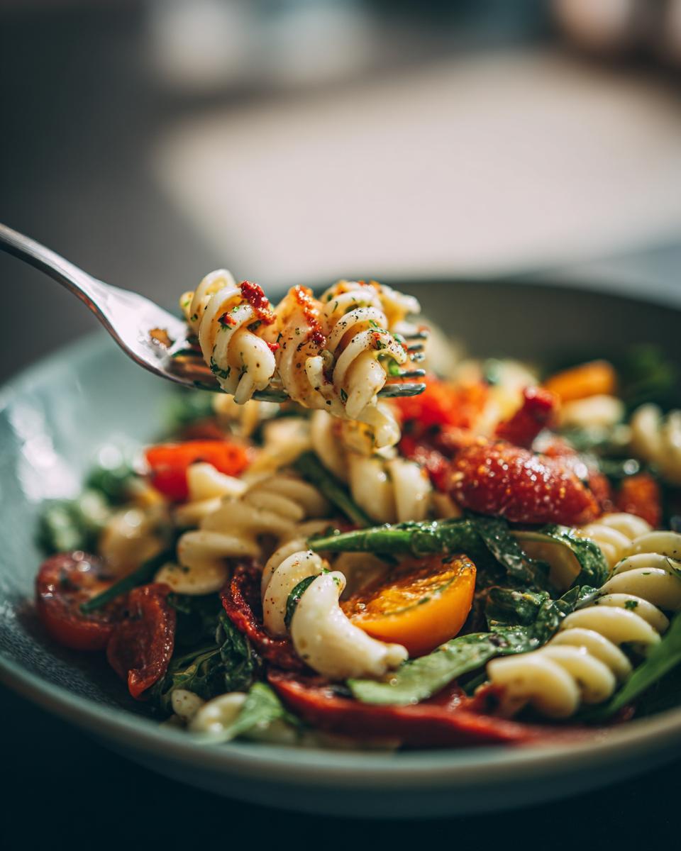 Amazing Pasta Salad That Keeps Well: 100 Calories 4 Close-up of pasta salad that keeps well with tomatoes, herbs, and fusilli pasta on a fork.