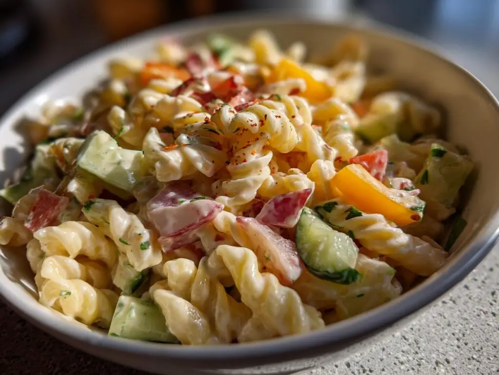 Close-up of a creamy pasta salad that keeps well with vegetables in a white bowl. The pasta salad that keeps well is perfect for meal prep.