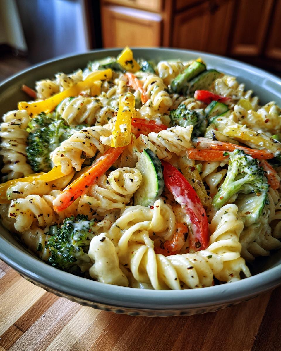 Perfect Pasta Salad That Keeps Well: 4 Day Yum 7 Close-up of a bowl of pasta salad that keeps well with rotini pasta and colorful vegetables.