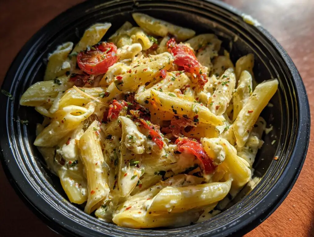 Close-up of creamy pasta salad that keeps well with tomatoes and herbs in a black bowl.